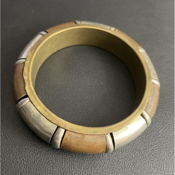 Vintage Brass Silver Tone Bangle Bracelet Chunky Geometric - Picture 1 of 8